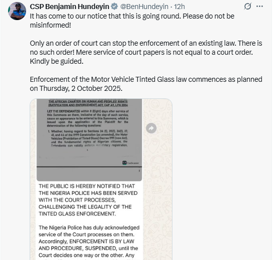 Enforcement of Motor Vehicle Tinted Glass law commences on Oct 2 - Police clarifies