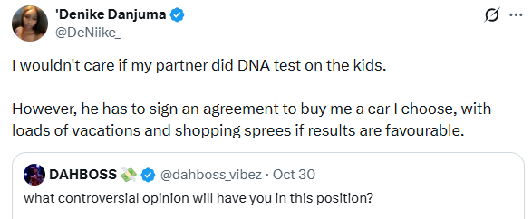 Sign an agreement to buy me a car, vacations, shopping sprees if results are favourable - Nigerian lady sets conditions for her partner to do DNA tests on their kids