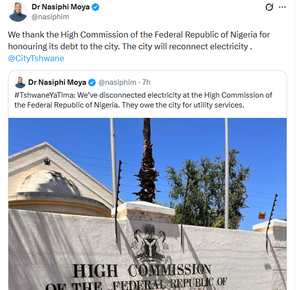 South Africa restores electricity at Nigerian High Commission after debt payment