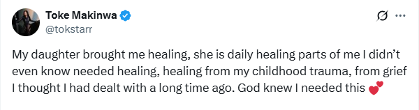 My daughter brought me healing - Toke Makinwa opens up on how becoming a mother is healing her childhood trauma and grief